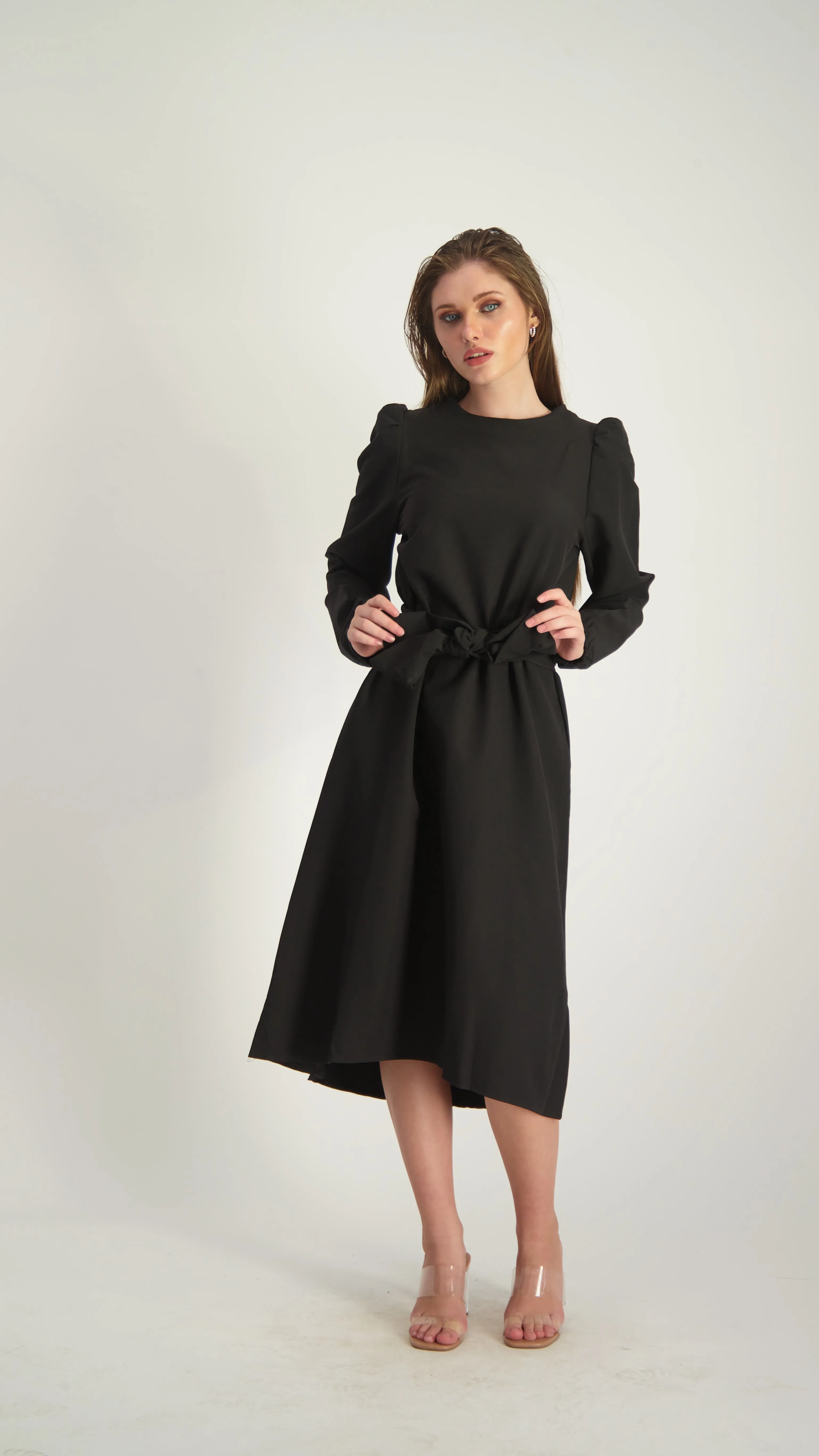 Satin A-line Dress with belt / Black