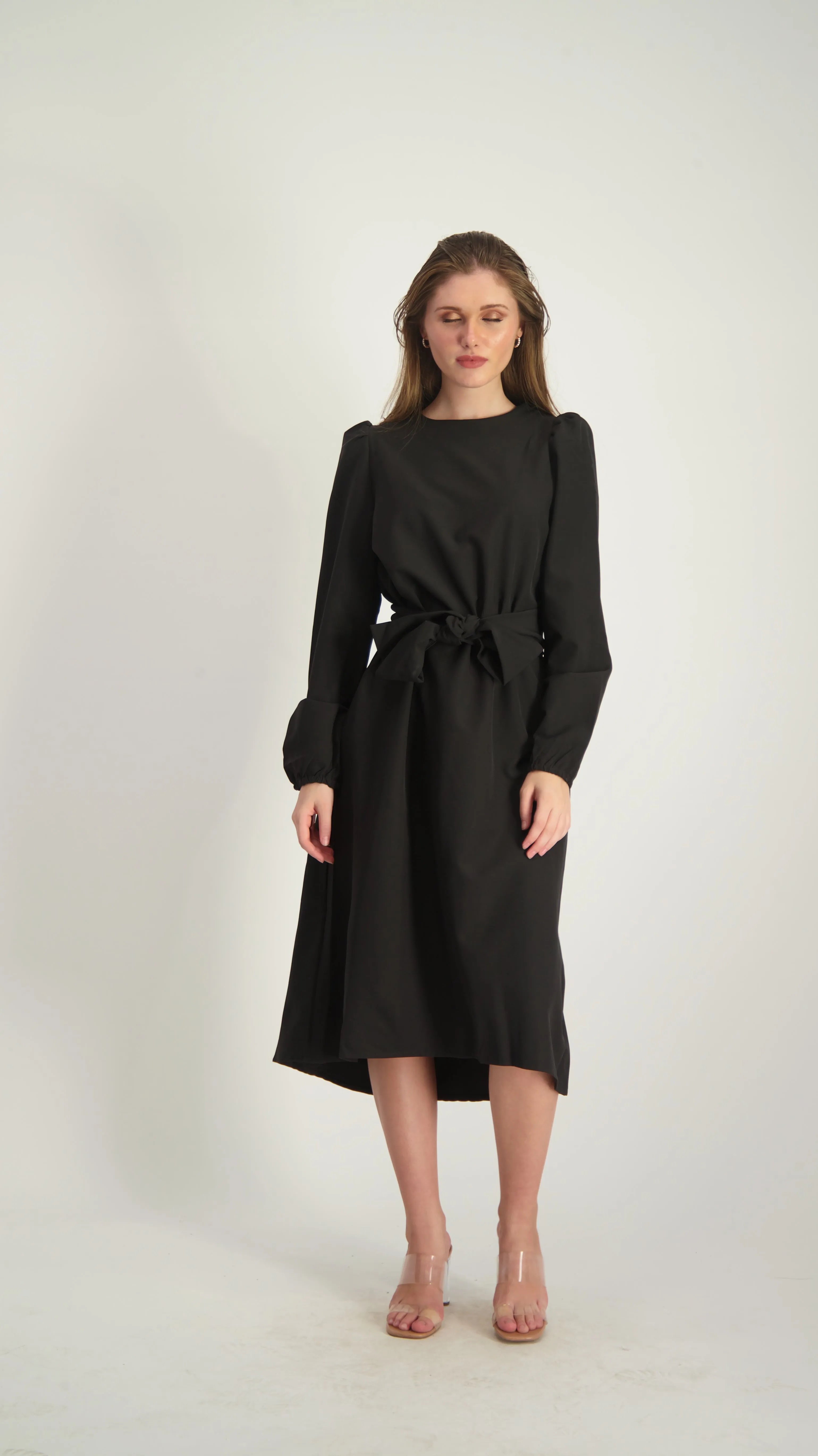 Satin A-line Dress with belt / Black