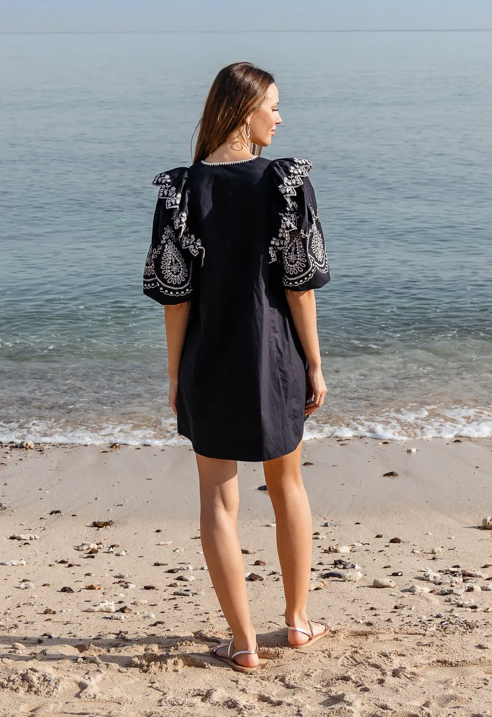 SUPER TROUPER - CONTRAST EMBROIDERED VOLUME SLEEVE RUFFLE MINI DRESS