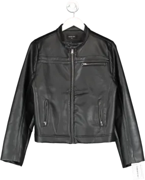 White Fox Black Faux Leather Biker Jacket UK M/L