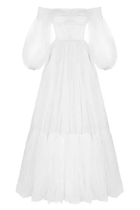 White Sheer Sleeves Maxi Tulle Dress